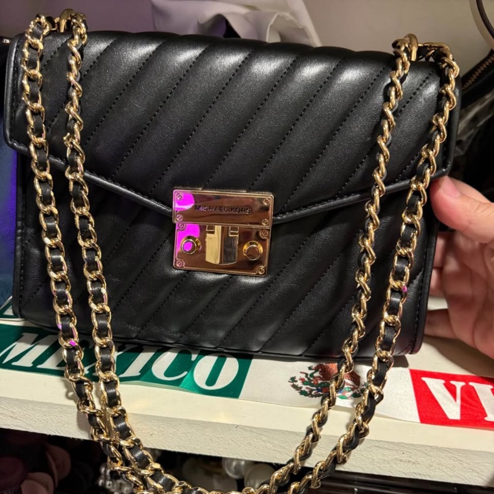 Black Quilted Shoulder Bag with Gold Chain